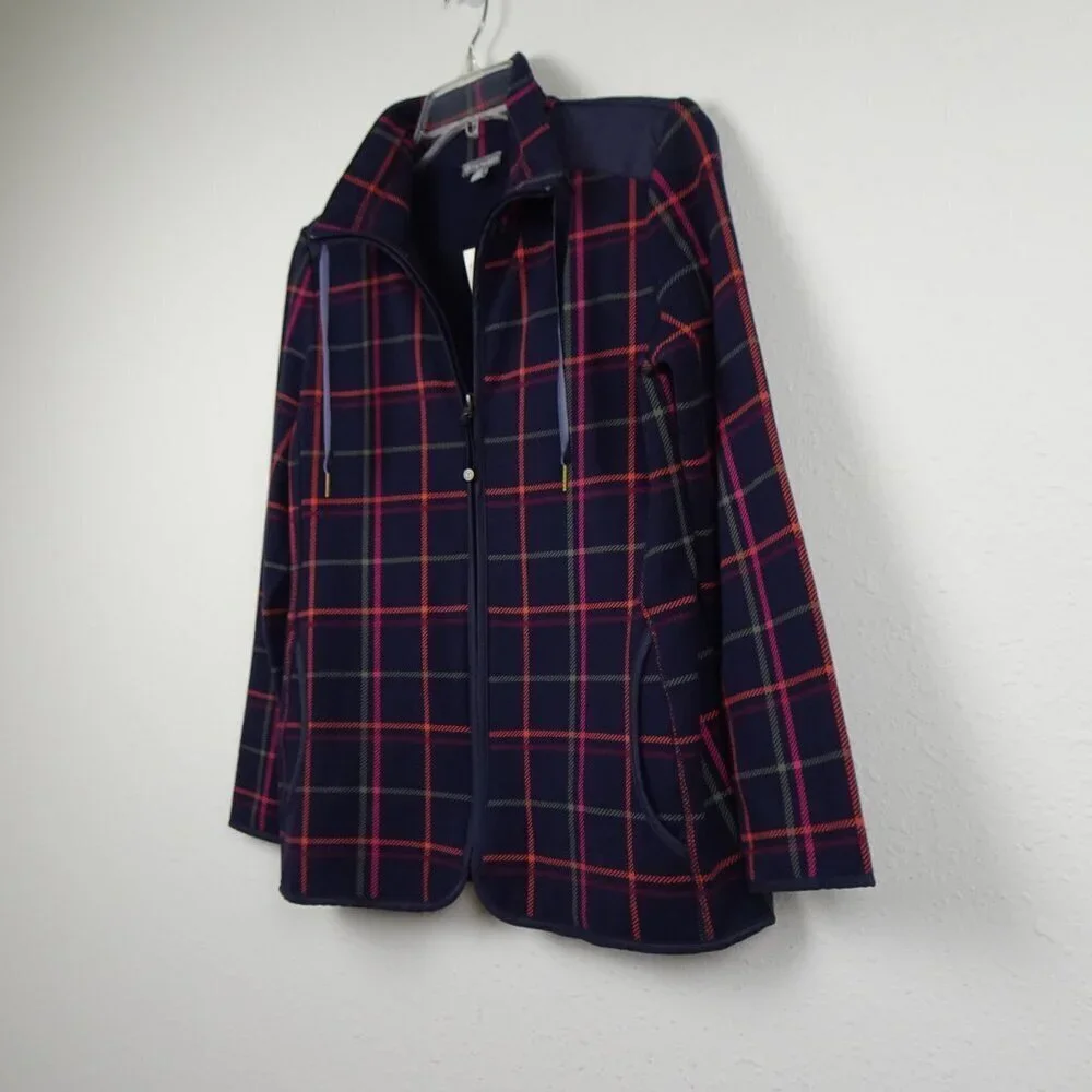 Talbots Jacket Women's Petite Size SP Blue Plaid Zip Front Elbow Patches - Picture 2 of 8